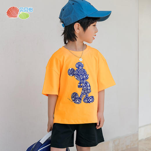 贝贝怡迪士尼联名款男童米奇印花套头套装男孩休闲T恤短裤二件套 商品图3