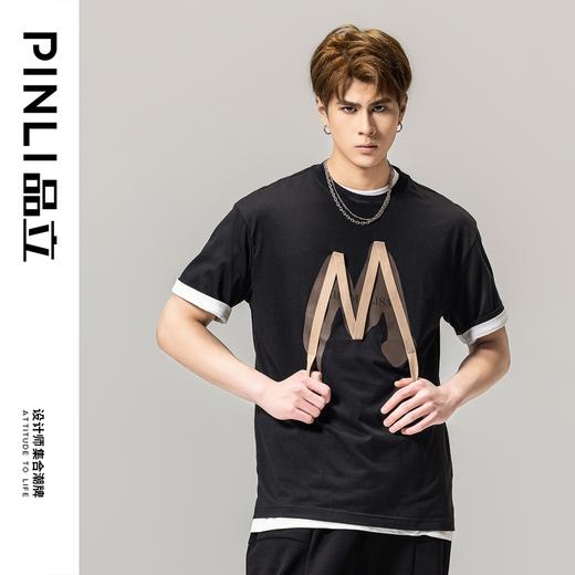 PINLI品立春季新款贴布印花T恤男士圆领短袖体恤BG231111042 商品图3