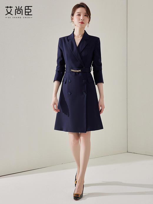 藏青色收腰连衣裙早秋新款长袖小个子气质高级感小香风裙子工作服 商品图2