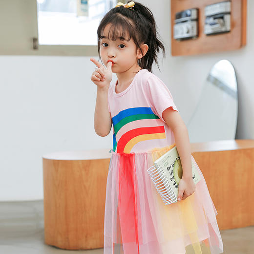 贝贝怡女童彩虹短袖连衣裙女宝宝夏季不规则网纱裙学院风蓬蓬裙 商品图1