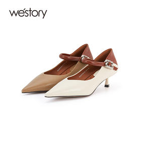 westory低跟单鞋拼色单鞋淑女通勤尖头优雅舒适一字扣简约单鞋W23CE73091