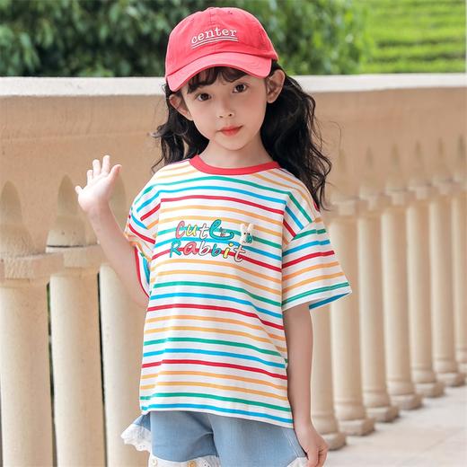 贝贝怡童装女童彩色条纹短袖女宝宝英文字母印花上衣女孩百搭T恤 商品图1