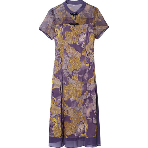 QYM-23TA52-Y复古旗袍裙夏季新款短袖裙中长款印花裙时尚气质妈妈装连衣裙 商品图4