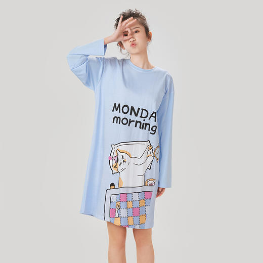 都市丽人26支CVC单面女士棉质睡裙薄款长袖裙LH36F8 商品图1