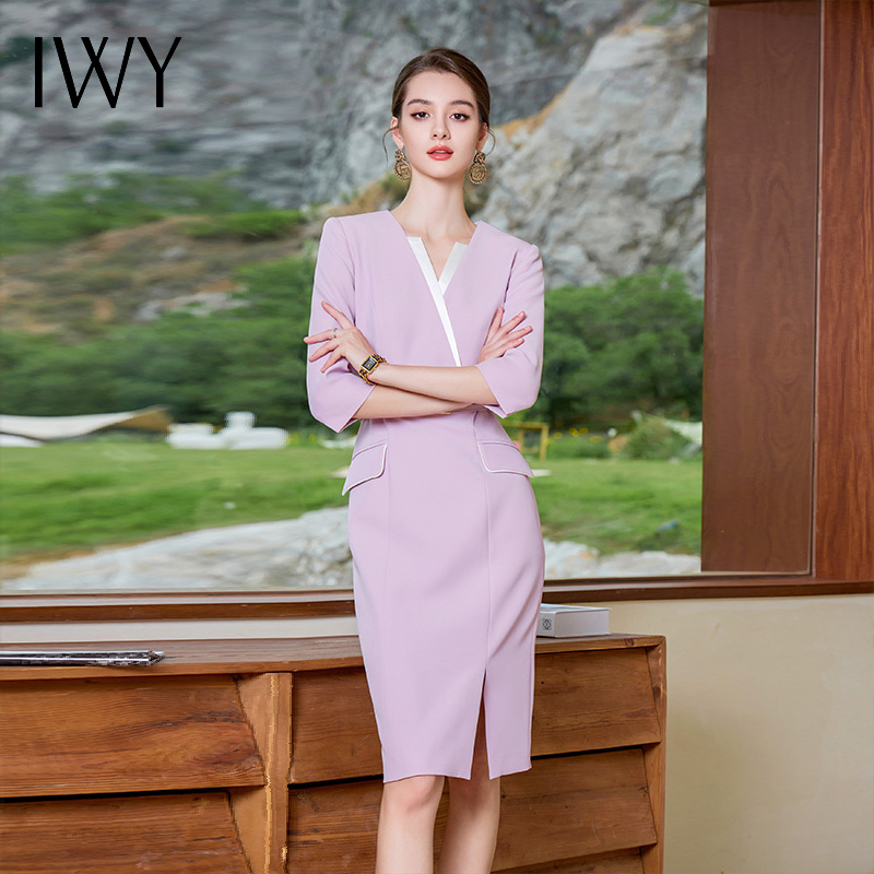 IWY/新款名媛紫色连衣裙女夏季薄款法式西装裙高级感前台医美Q968