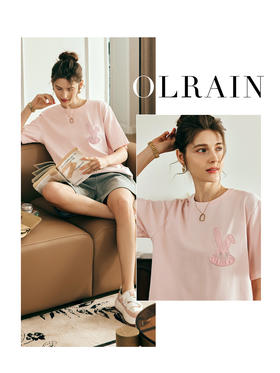 OLrain欧芮儿法式粉色短袖T恤女夏季2023新款宽松复古插肩袖上衣