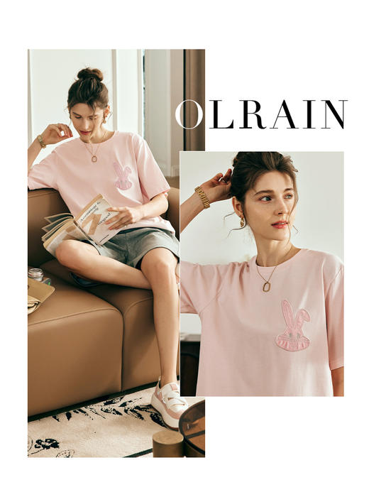 OLrain欧芮儿法式粉色短袖T恤女夏季2023新款宽松复古插肩袖上衣 商品图0