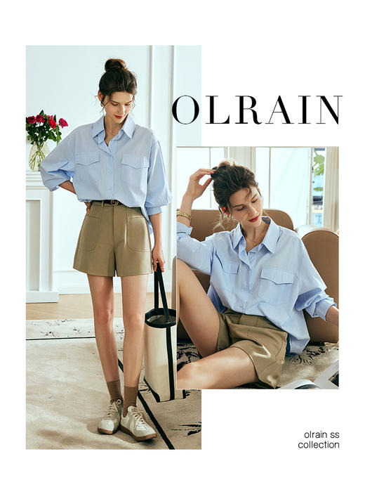 OLrain欧芮儿法式蓝色衬衫女夏季2023新款宽松慵懒风显瘦纯棉衬衣 商品图0