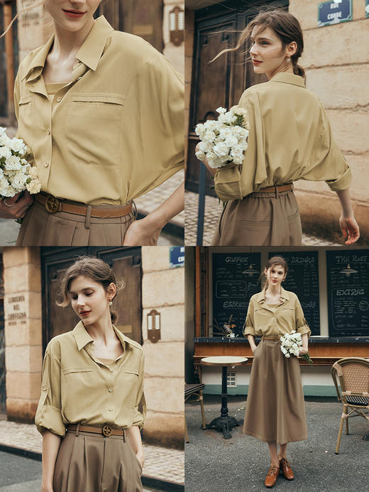 OLrain欧芮儿法式奶茶色天丝衬衫女夏季2023新款慵懒风蝙蝠袖衬衣 商品图2