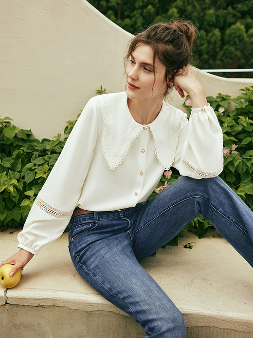 OLrain欧芮儿法式白色娃娃领衬衫女夏季2023年新款宽松灯笼袖衬衣 商品图3