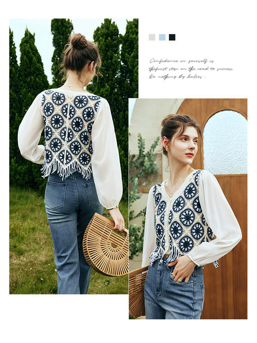 OLrain欧芮儿法式V领针织开衫女夏季2023年新款镂空流苏钩花上衣 商品图1