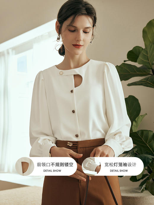 OLrain欧芮儿法式杏色长袖衬衫女夏季2023新款宽松复古不规则衬衣 商品图1