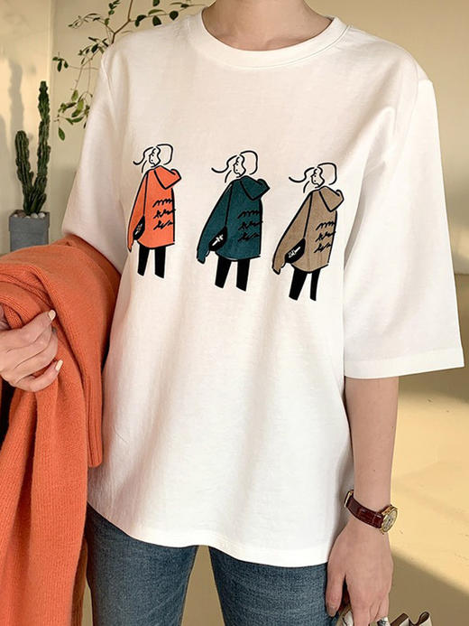 YX【现货7天】五分袖t恤女宽松ins潮2024夏装新款韩版圆领印花短袖体恤上衣 商品图3