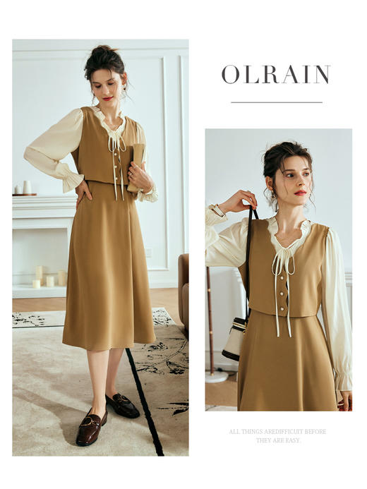 OLrain欧芮儿法式卡其色假两件连衣裙女夏季2023年新款收腰系带裙 商品图0