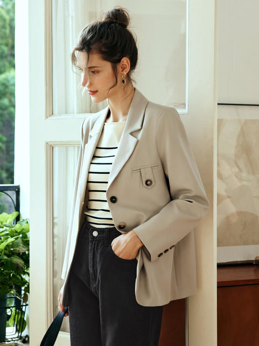 OLrain欧芮儿法式卡其色西装外套女夏季2023新款宽松复古通勤上衣 商品图2