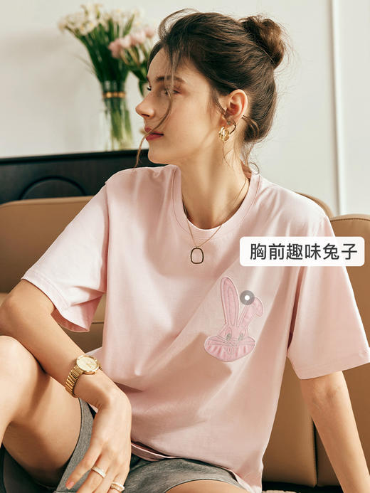 OLrain欧芮儿法式粉色短袖T恤女夏季2023新款宽松复古插肩袖上衣 商品图1