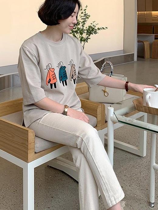 YX【现货7天】五分袖t恤女宽松ins潮2024夏装新款韩版圆领印花短袖体恤上衣 商品图2