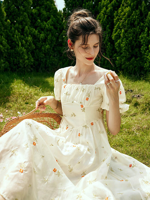 OLrain欧芮儿法式方领碎花连衣裙女夏季2023年新款收腰欧根纱裙子 商品图2