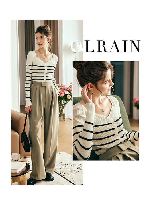 OLrain欧芮儿法式方领条纹针织衫女夏季2023年新款修身撞色套头衫 商品图0