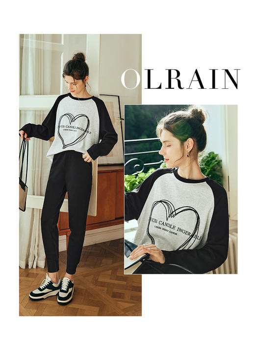 OLrain欧芮儿法式拼色T恤女夏季2023新款宽松爱心刺绣插肩袖上衣 商品图0