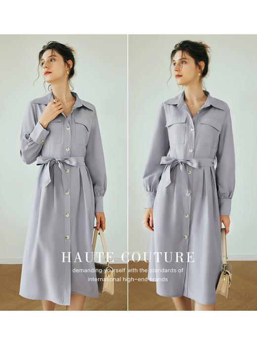 OLrain欧芮儿法式浅紫色连衣裙女夏季2023新款收腰复古衬衫式裙子 商品图2