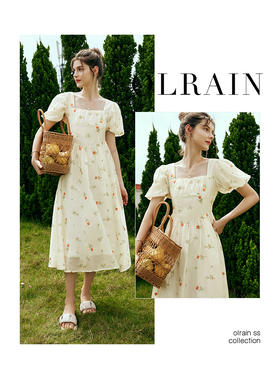OLrain欧芮儿法式方领碎花连衣裙女夏季2023年新款收腰欧根纱裙子