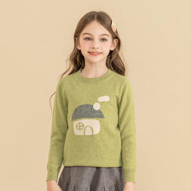 mettekids儿童羊绒衫2023秋季新款抹茶绿针织衫男童女童卡通毛衣