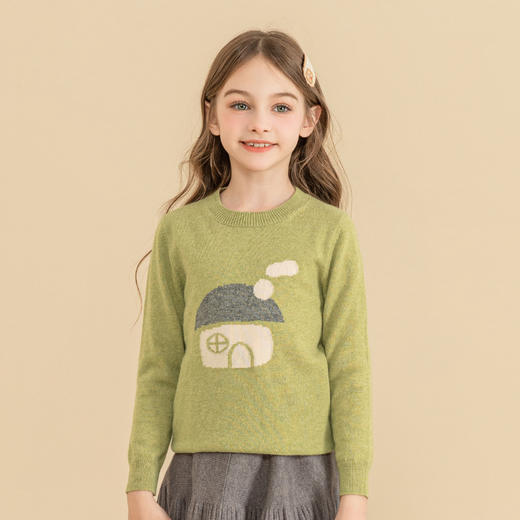 mettekids儿童羊绒衫2023秋季新款抹茶绿针织衫男童女童卡通毛衣 商品图0