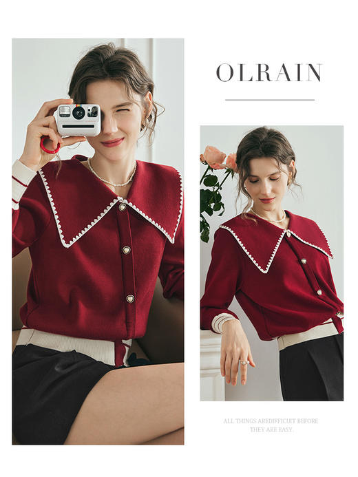 OLrain欧芮儿法式红色大翻领毛衣女夏季2023年新款复古泡泡袖上衣 商品图1