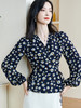 米思阳2025秋季知性优雅碎花衬衫长袖系带修身V领上衣女2491 商品缩略图1