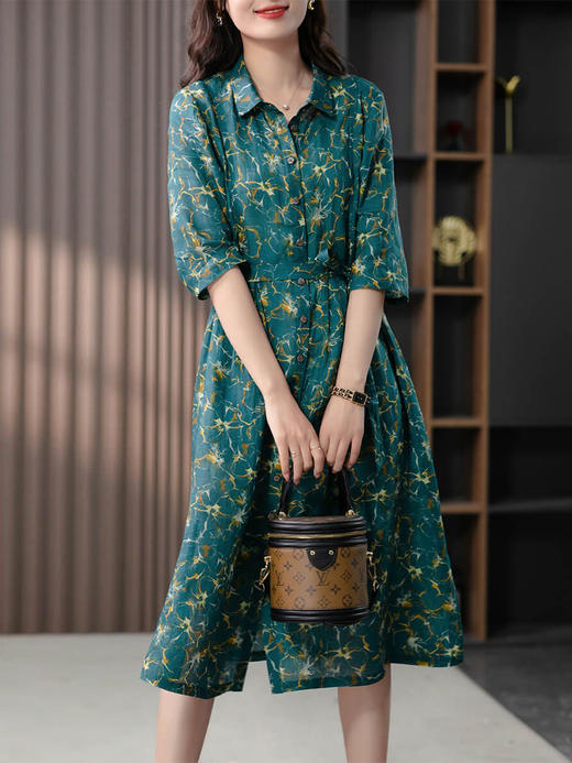YX【现货7天】复古印花连衣裙女2024夏季韩版时尚气质苎麻衬衫裙子中长款 商品图1