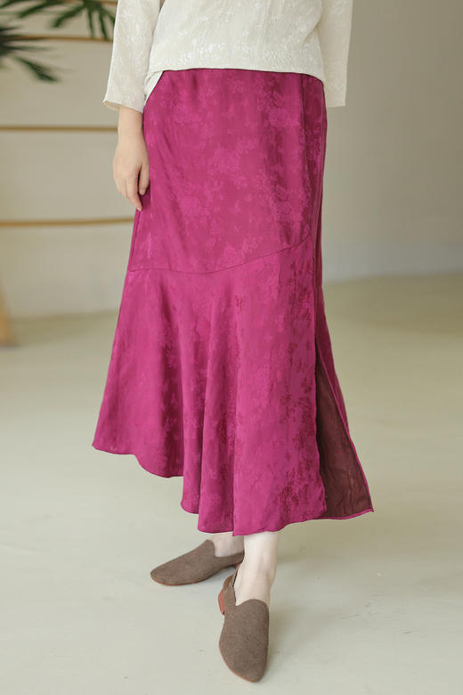 绽放367朵/高端红云纱100%桑蚕丝提花开衩真丝鱼尾裙中长款半身裙 商品图5
