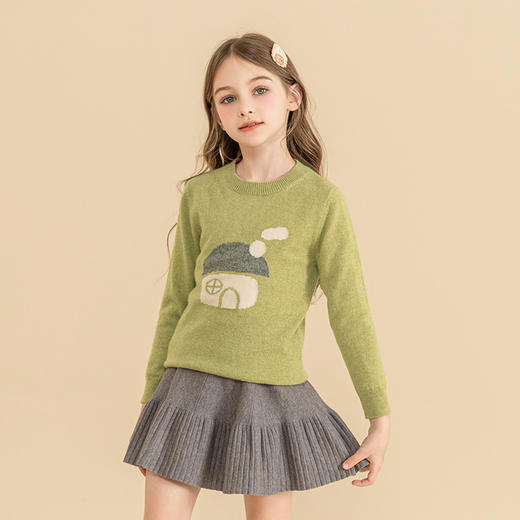 mettekids儿童羊绒衫2023秋季新款抹茶绿针织衫男童女童卡通毛衣 商品图2