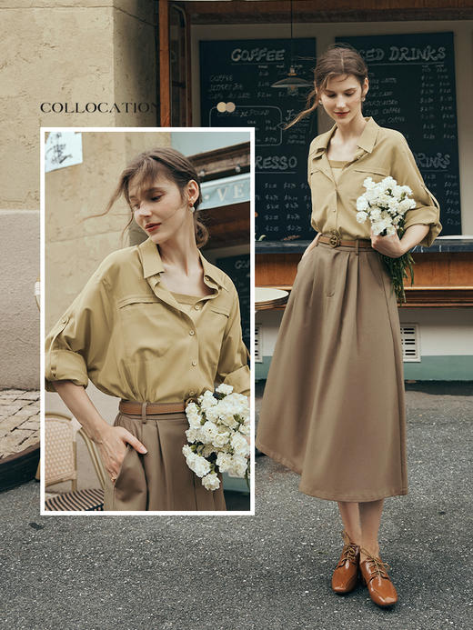 OLrain欧芮儿法式奶茶色天丝衬衫女夏季2023新款慵懒风蝙蝠袖衬衣 商品图0