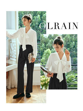 OLrain欧芮儿法式白色蕾丝雪纺衫女夏季2023新款宽松立领飘带小衫