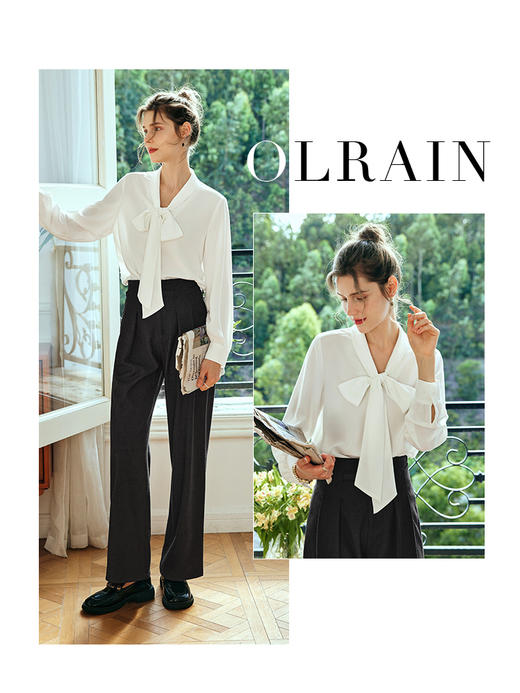 OLrain欧芮儿法式白色蕾丝雪纺衫女夏季2023新款宽松立领飘带小衫 商品图0