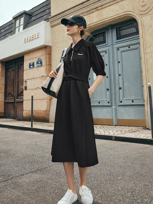 OLrain欧芮儿法式黑色POLO连衣裙女夏季2023年新款收腰设计感裙子 商品图3