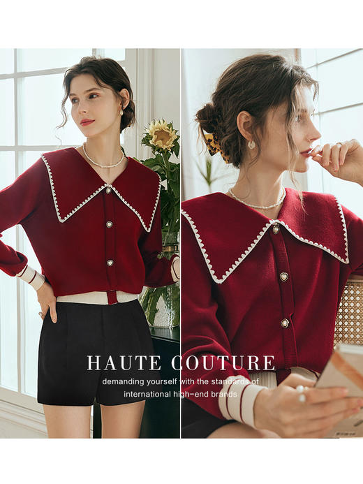 OLrain欧芮儿法式红色大翻领毛衣女夏季2023年新款复古泡泡袖上衣 商品图2