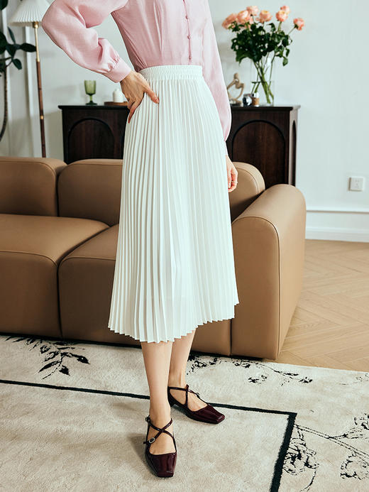 OLrain欧芮儿法式米白色半身裙女夏季2023年新款高腰百褶直筒裙子 商品图3