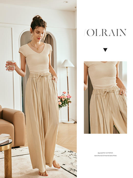 OLrain欧芮儿法式卡其色休闲裤女夏季2023年新款高腰阔腿褶皱长裤 商品图2
