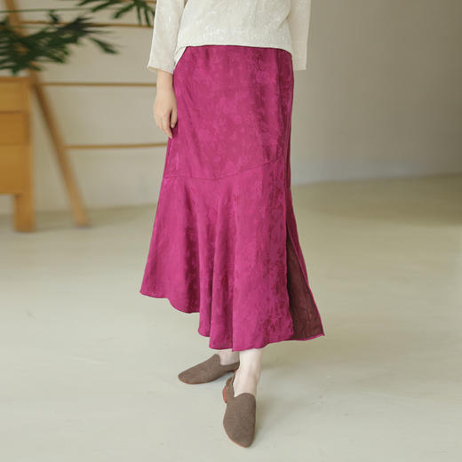 绽放367朵/高端红云纱100%桑蚕丝提花开衩真丝鱼尾裙中长款半身裙 商品图0