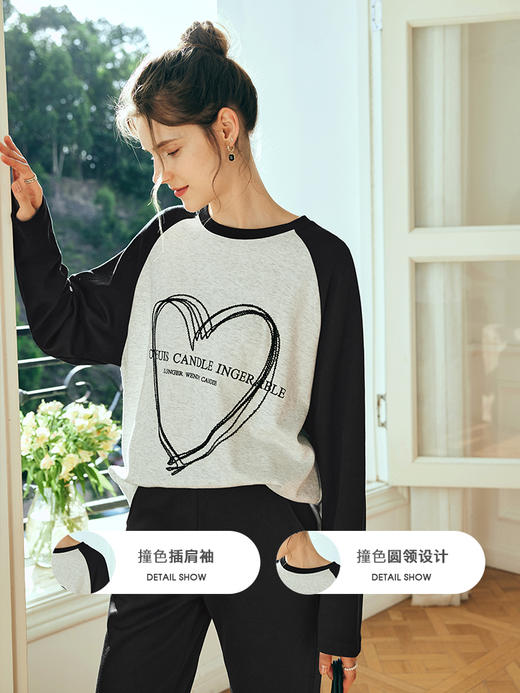 OLrain欧芮儿法式拼色T恤女夏季2023新款宽松爱心刺绣插肩袖上衣 商品图1