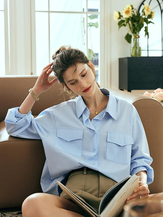 OLrain欧芮儿法式蓝色衬衫女夏季2023新款宽松慵懒风显瘦纯棉衬衣 商品图3