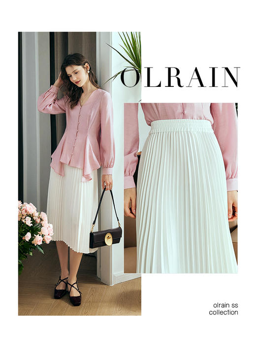 OLrain欧芮儿法式米白色半身裙女夏季2023年新款高腰百褶直筒裙子 商品图0