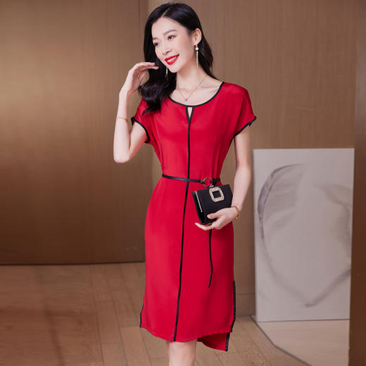 ASE 23035拼色桑蚕丝裙侧开叉修身真丝连衣裙 商品图0