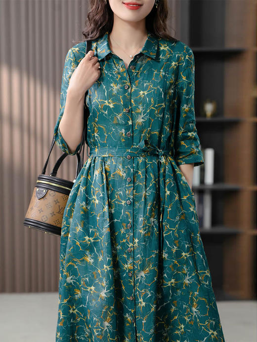 YX【现货7天】复古印花连衣裙女2024夏季韩版时尚气质苎麻衬衫裙子中长款 商品图3