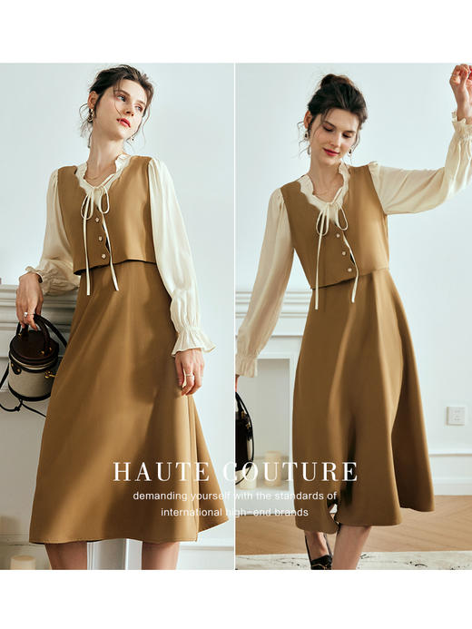 OLrain欧芮儿法式卡其色假两件连衣裙女夏季2023年新款收腰系带裙 商品图2