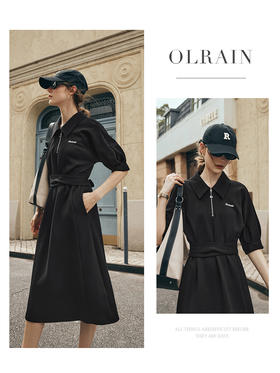 OLrain欧芮儿法式黑色POLO连衣裙女夏季2023年新款收腰设计感裙子