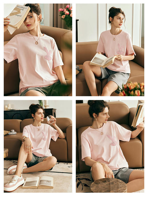 OLrain欧芮儿法式粉色短袖T恤女夏季2023新款宽松复古插肩袖上衣 商品图2