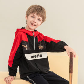 mettekids男童连帽外套2023秋季新款撞色拼接上衣儿童薄款童装